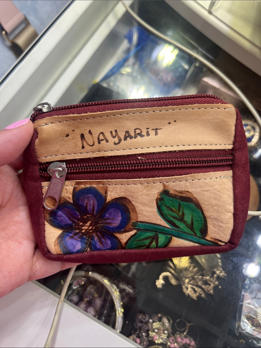Hand-Painted Burgundy Floral Leather Coin Purse